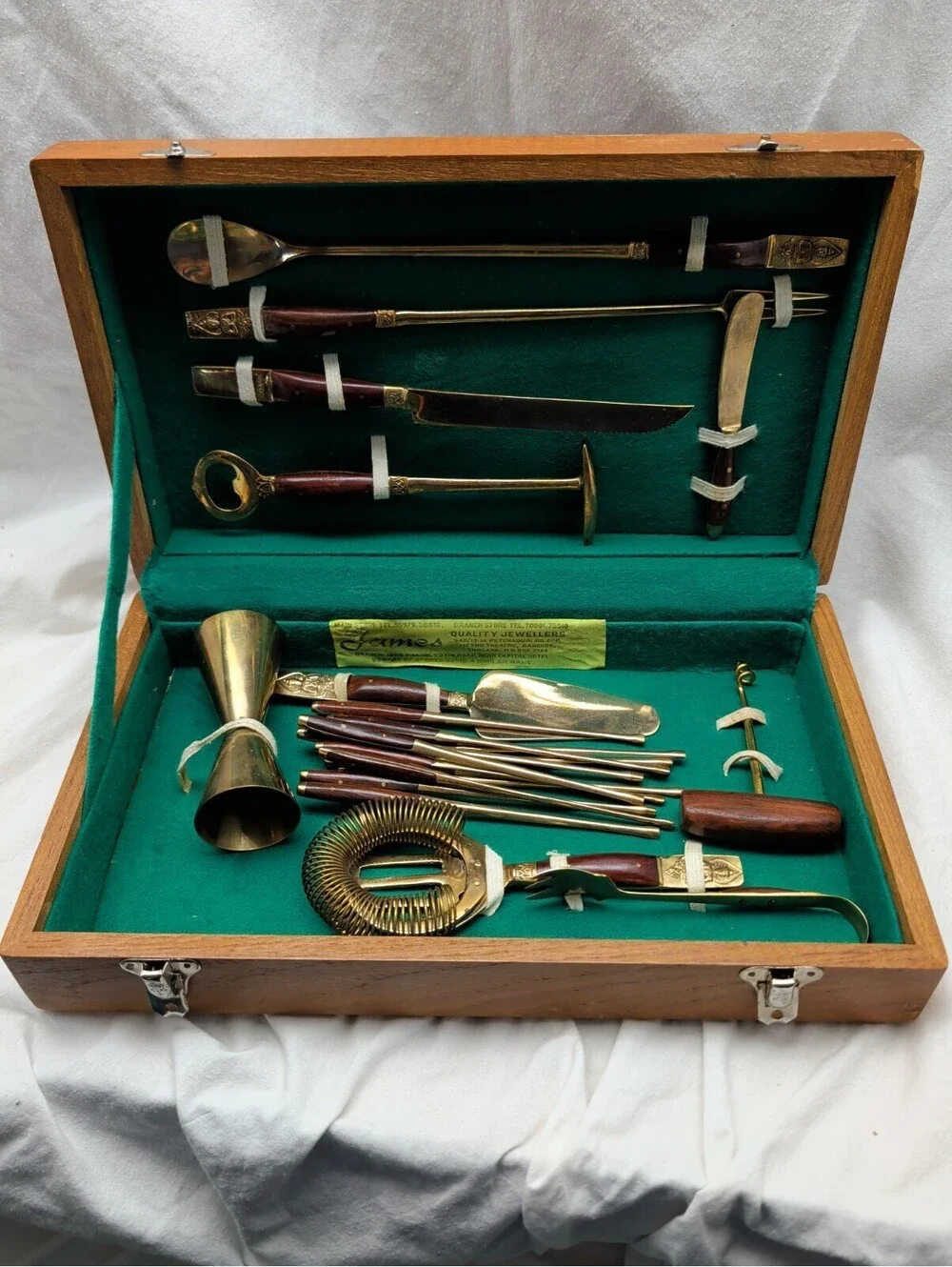 Vintage James Brass Bartender Set In Wood Case 11 Piece